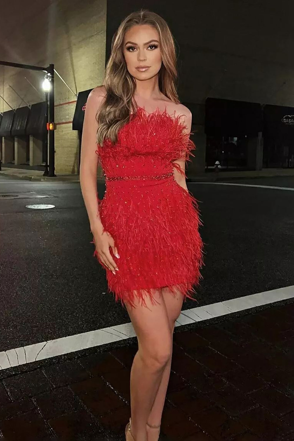 Sheath Strapless Red Short Homecoming Dress with Feather
