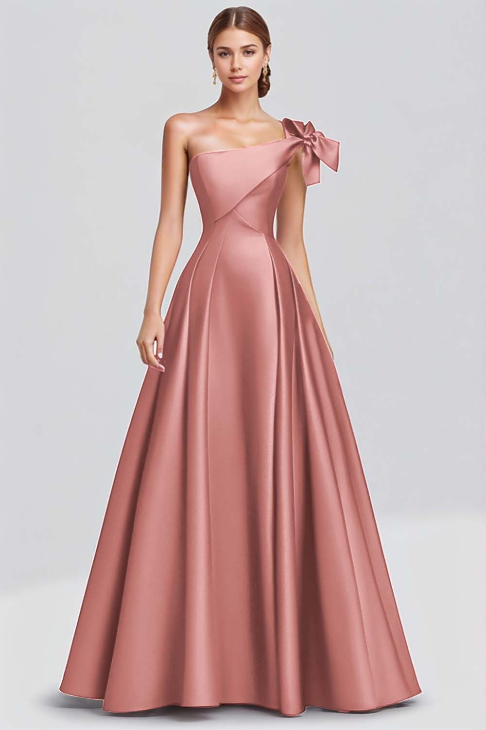 Fuchsia A Line One Shoulder Long Satin Formal Dress with Ruffles
