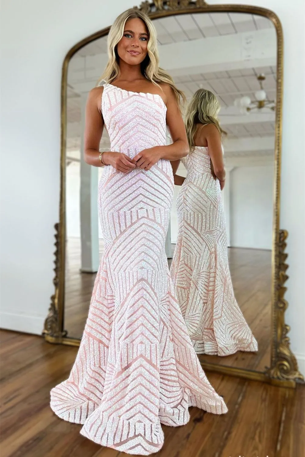 Dark Red One Shoulder Sequined Mermaid Prom Dress