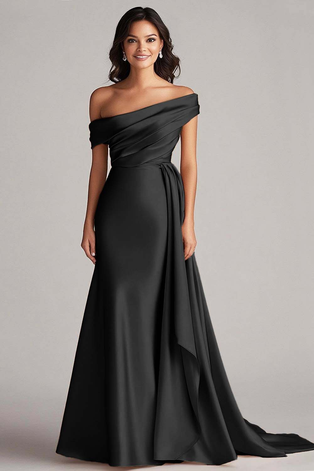 Off the Shoulder Elegant Champagne Long Formal Dress with Side Cape