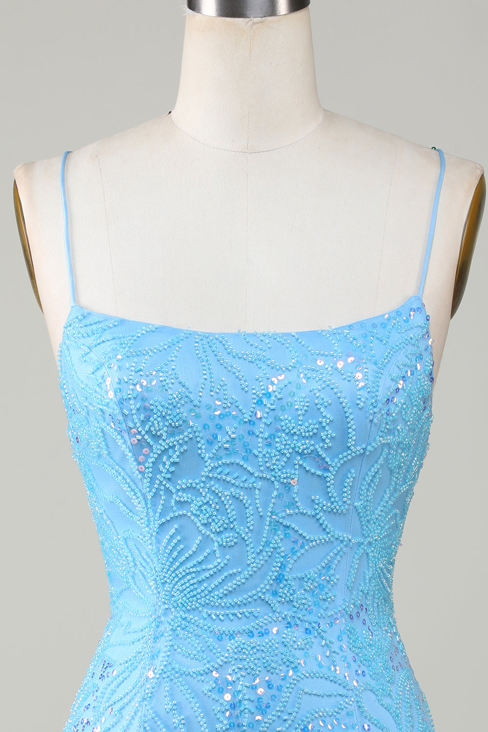 Sparkly Bodycon Spaghetti Straps Blue Short Homecoming Dress with Beaded
