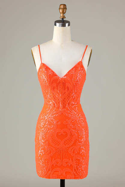 Sparkly Sheath Spaghetti Straps Orange Sequins Corset Homecoming Dress