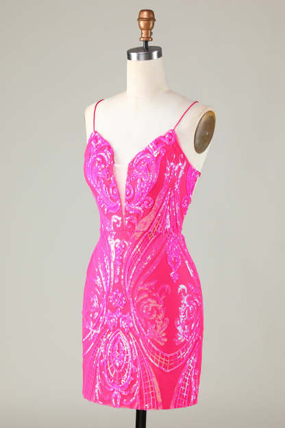Stylish Bodycon Spaghetti Straps Hot Pink Short Homecoming Dress with Criss Cross Back