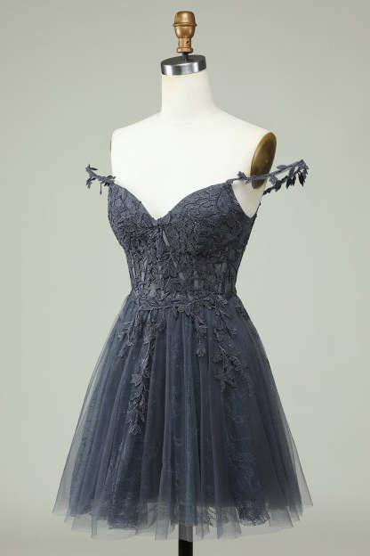 A Line Spaghetti Straps Grey Short Homecoming Dress with Appliques
