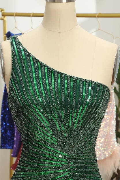 Sheath Glitter Green One Shoulder Beaded Tight Homecoming Dress