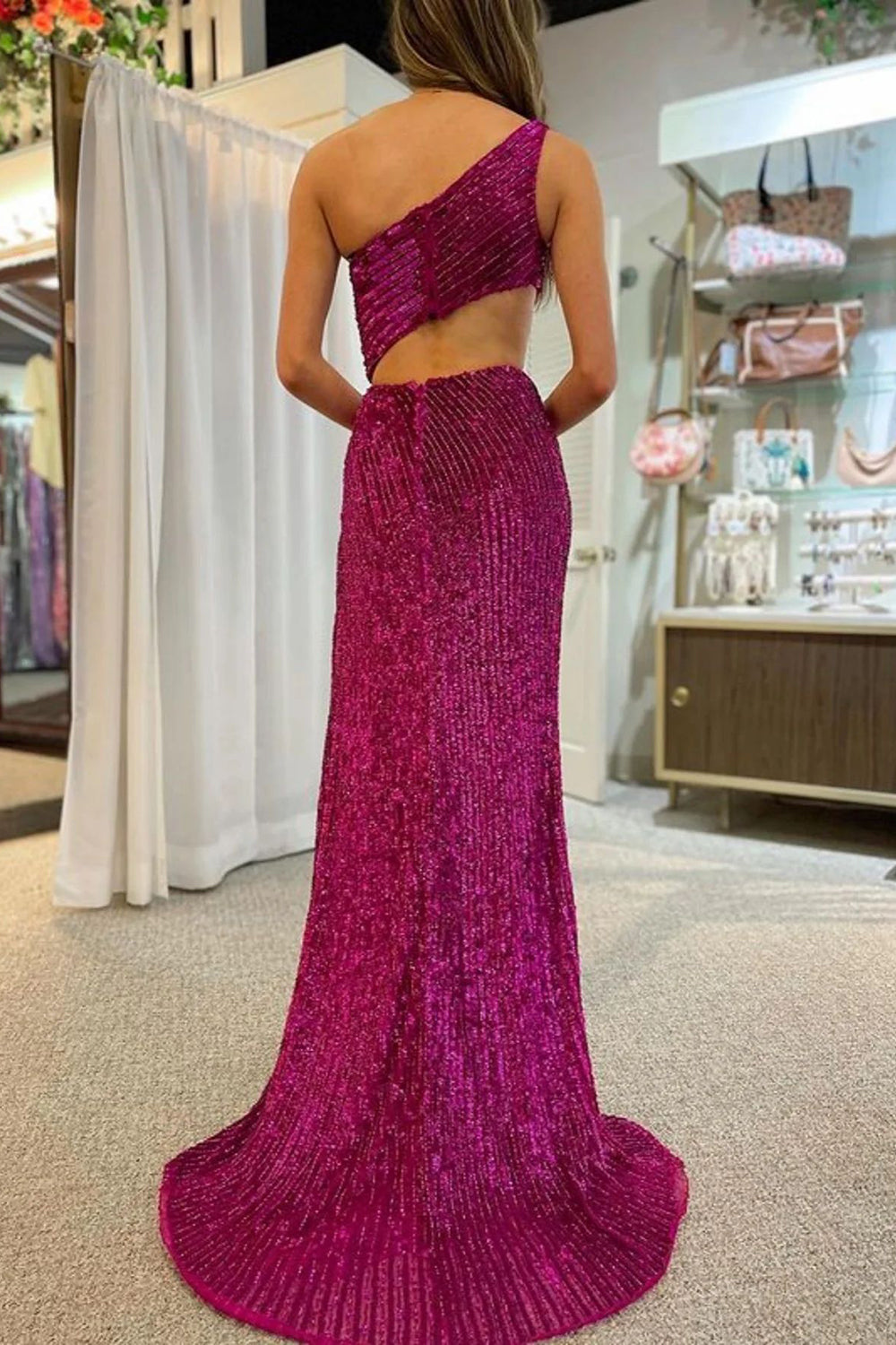 Fuchsia Mermaid One Shoulder Cut-Out Prom Dress with Slit