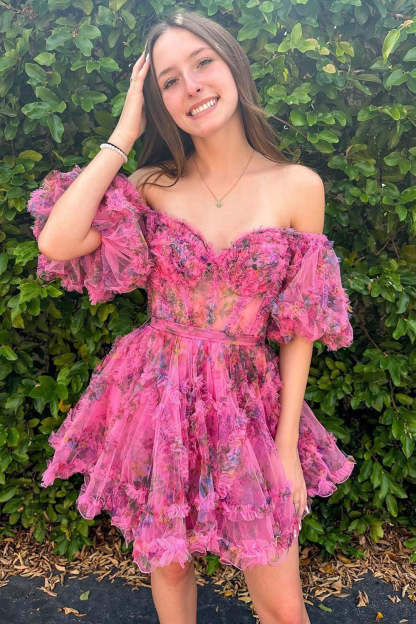 Cute A Line Off the Shoulder Purple Printed Short Homecoming Dress with Bowknot