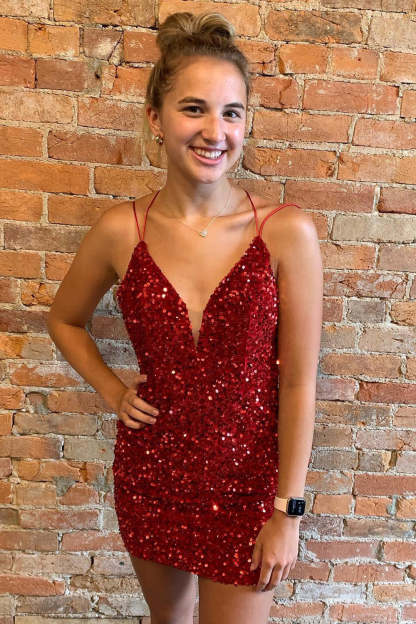 Sparkly Bodycon Red Sequins Short Homecoming Dress with Criss Cross Back
