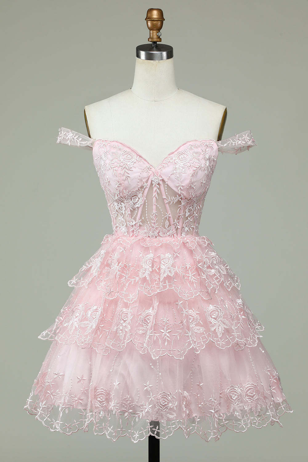 Cute A Line Pink Corset Tiered Short Homecoming Dress with Lace