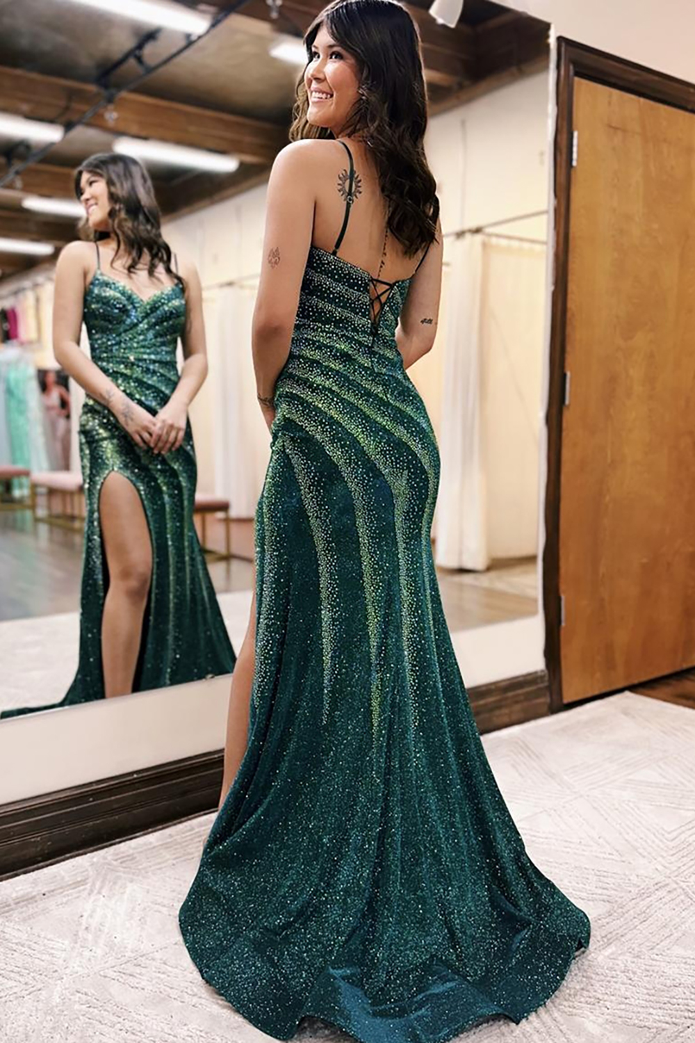 Glitter Spaghetti Straps Black Mermaid Long Prom Dress with Beading
