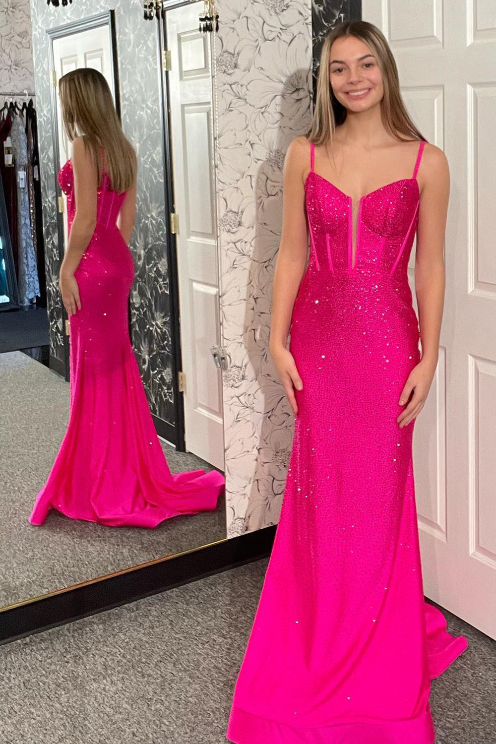 Glitter Fuchsia Mermaid Spaghetti Straps Long Corset Prom Dress with Beading