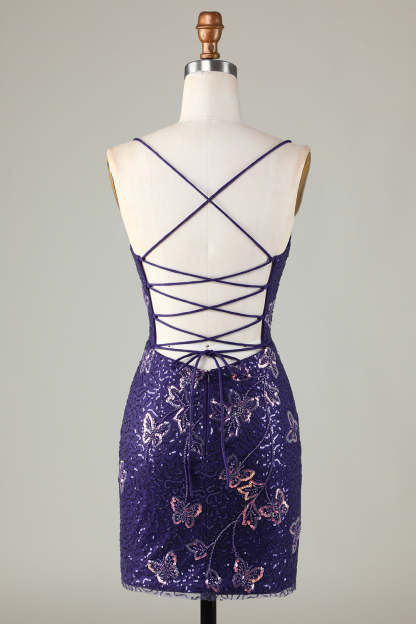Sparkly Sheath Spaghetti Straps Purple Sequins Short Homecoming Dress with Criss Cross Back