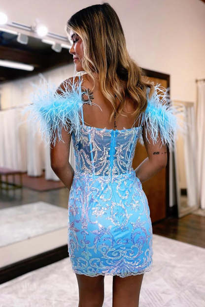 Sheath Off the Shoulder Light Blue Short Homecoming Dress with Feathers