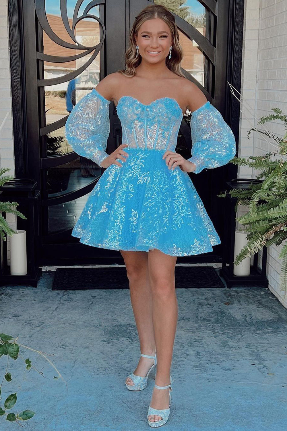Cute A Line Sweetheart Blue Short Homecoming Dress with Long Sleeves