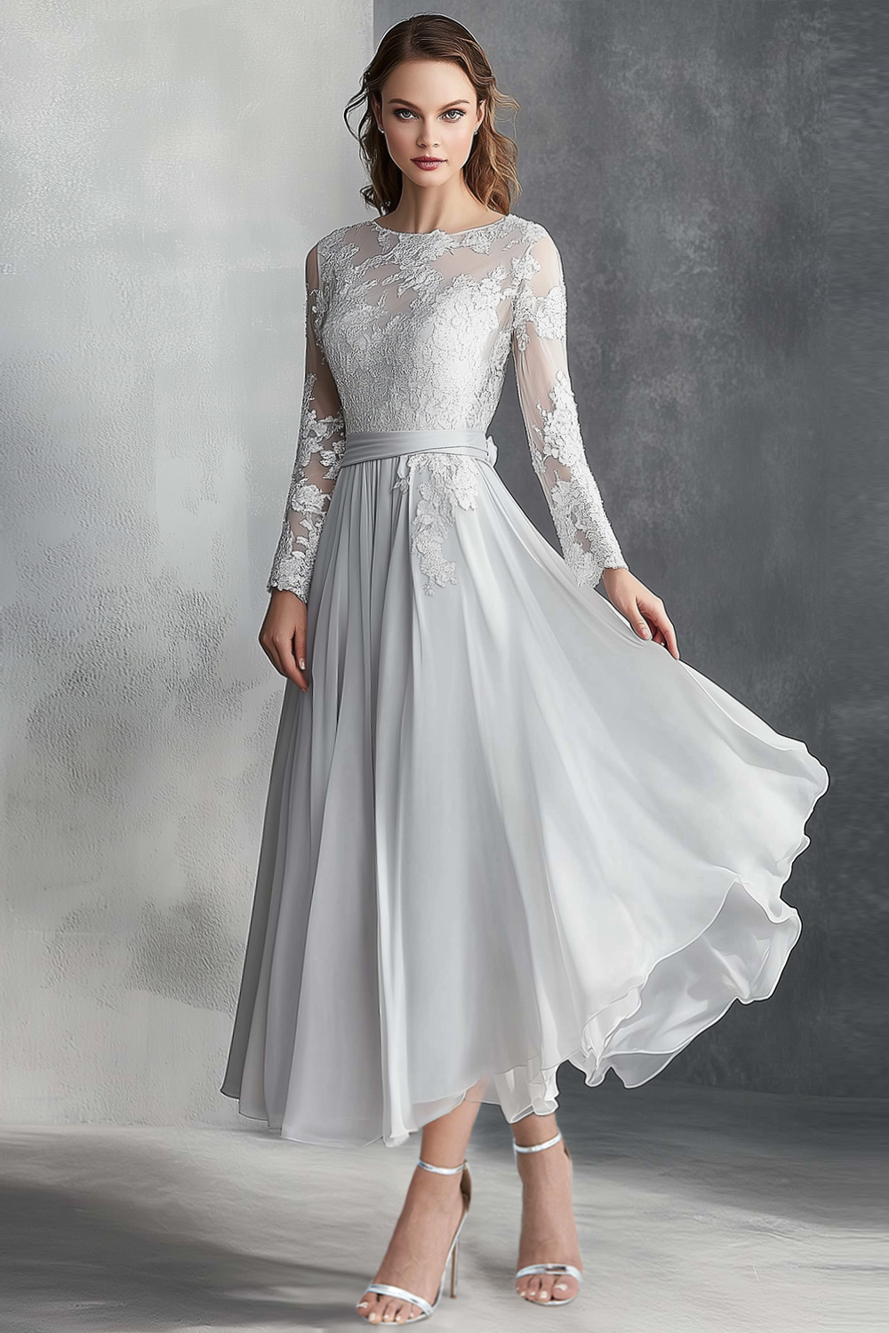 Floral Light Grey Chiffon Mother of the Bride Dress with Long Sleeves