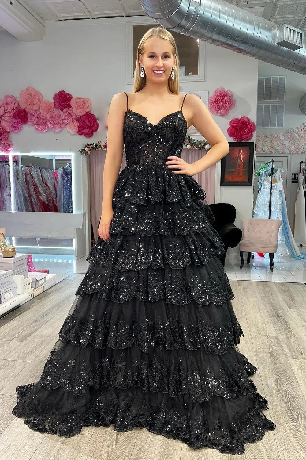A Line Spaghetti Straps Corset Black Lace Prom Dress with Ruffles
