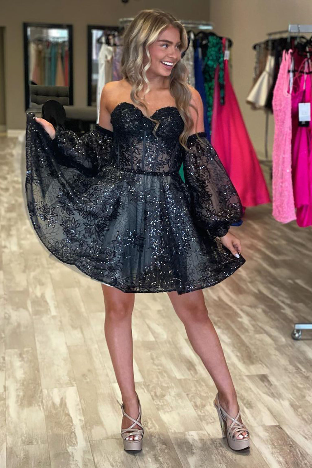 A Line Sweetheart Black Short Homecoming Dress with Long Sleeves