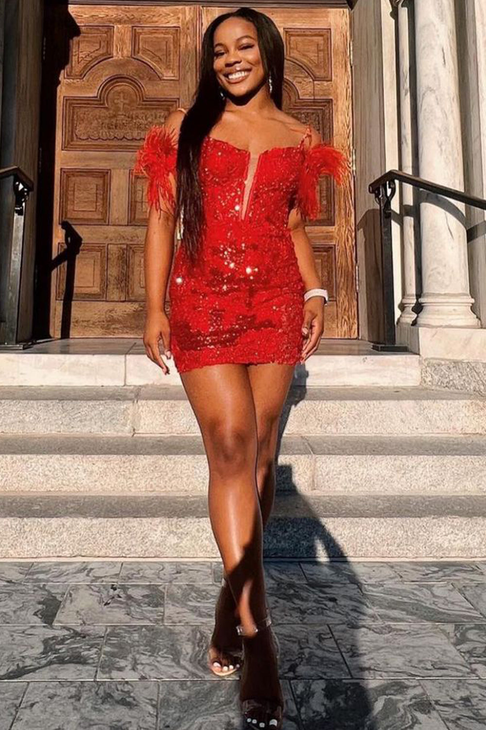 Sheath Off the Shoulder Navy Sequins Short Homecoming Dress with Feather