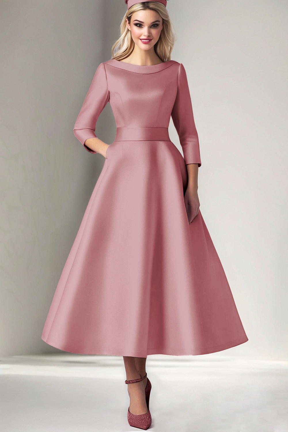 Pink Boat Neck A-Line Satin Tea Length Mother of the Bride Dress with 3/4 Sleeves