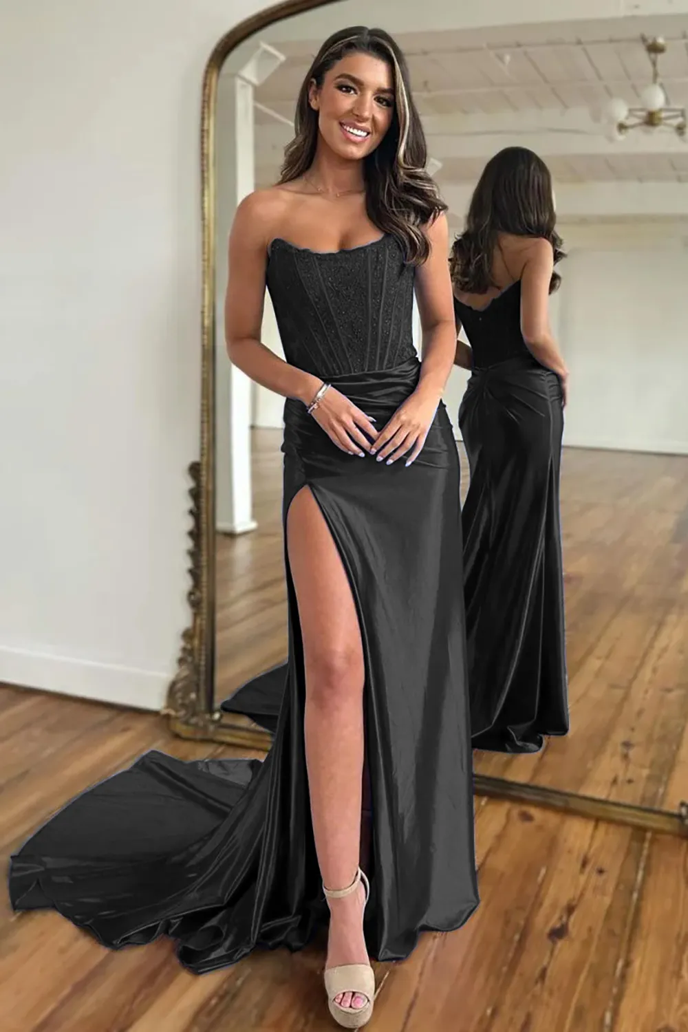 [Copy]Navy Mermaid Sweetheart Long Corset Prom Dress with Slit