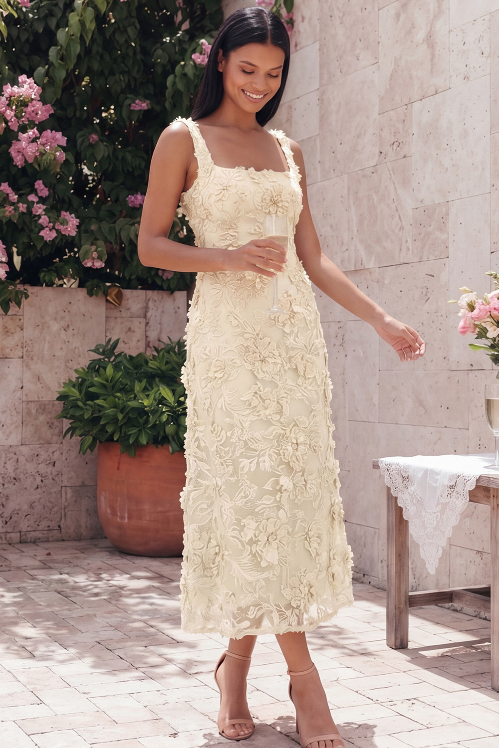 Square Neck A Line Blue Floral Maxi Formal Dress