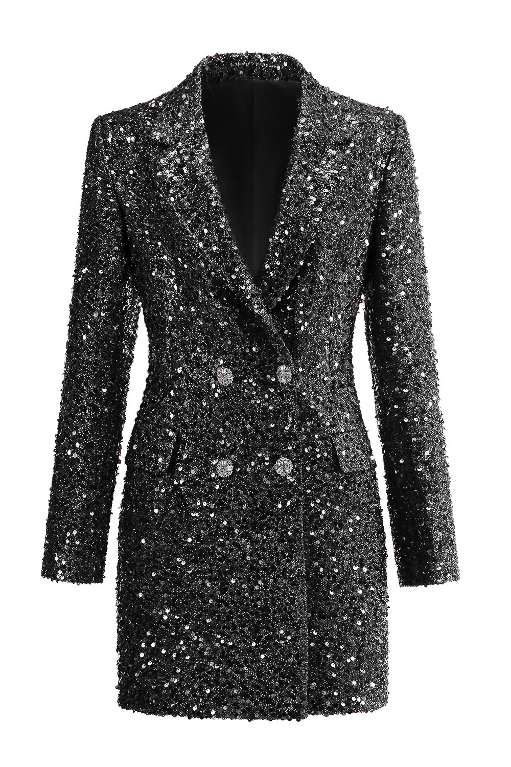 Sparkly Fuchsia Notched Sequins Lapel Double Breasted Slim Fitted Women Blazer