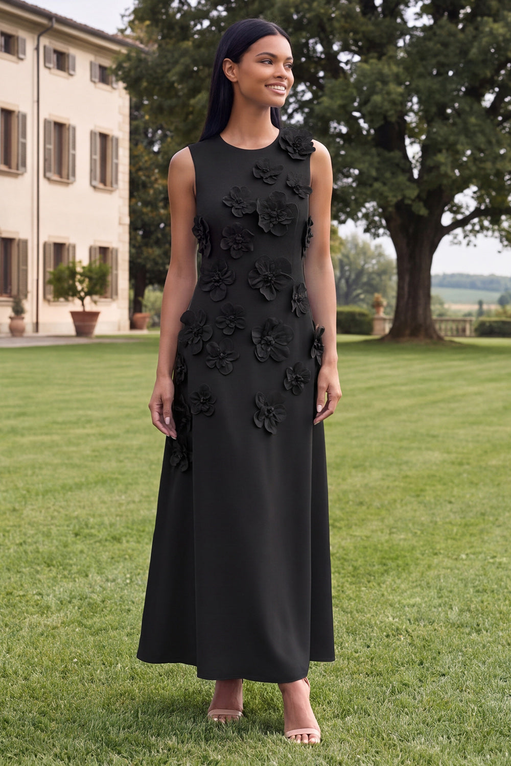 A Line Round Neck Yellow Floral Maxi Formal Dress