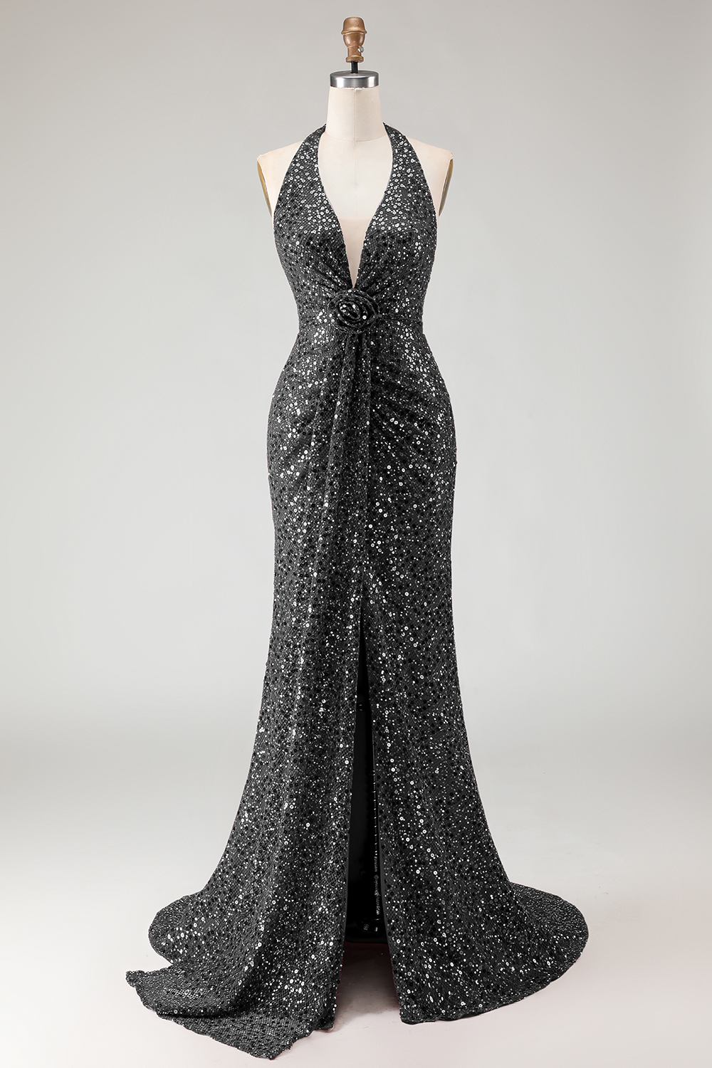 Sparkly Burgundy Sequin Halter Long Mermaid Prom Dress with Slit