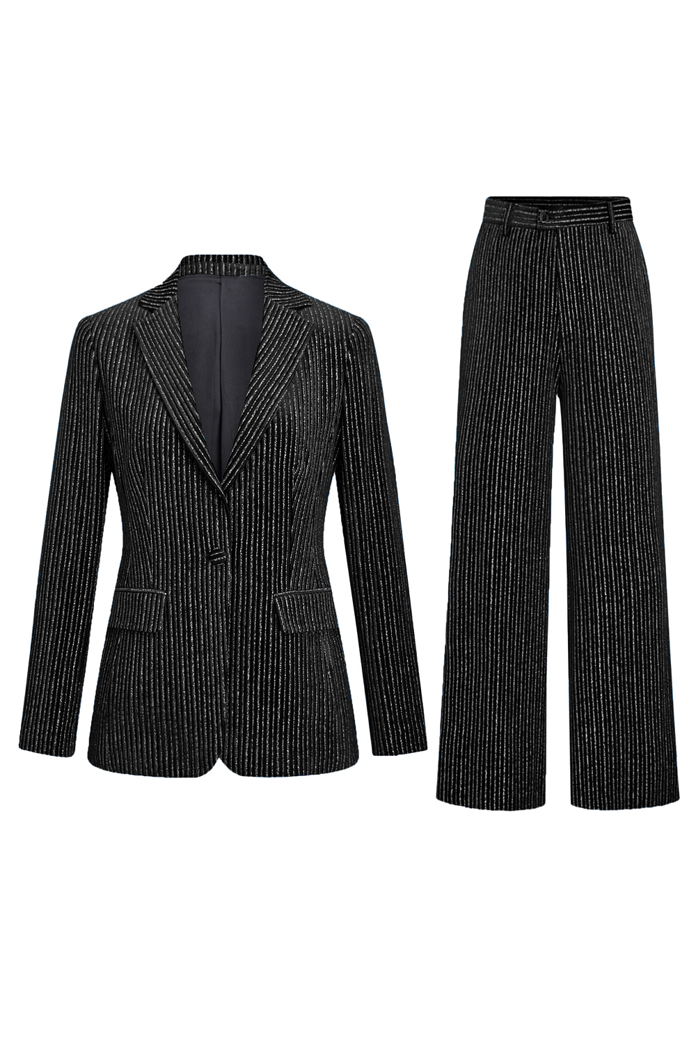 Ink Blue Notched Lapel Velvet Stripes Slim Fitted 2 Pieces Women Suits