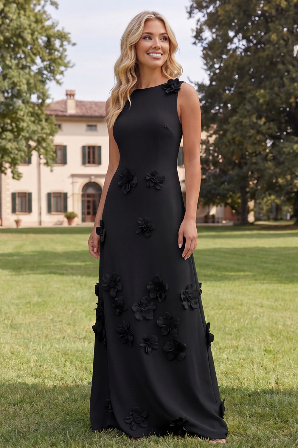 Floral Black Boat Neck A Line Maxi Formal Dress