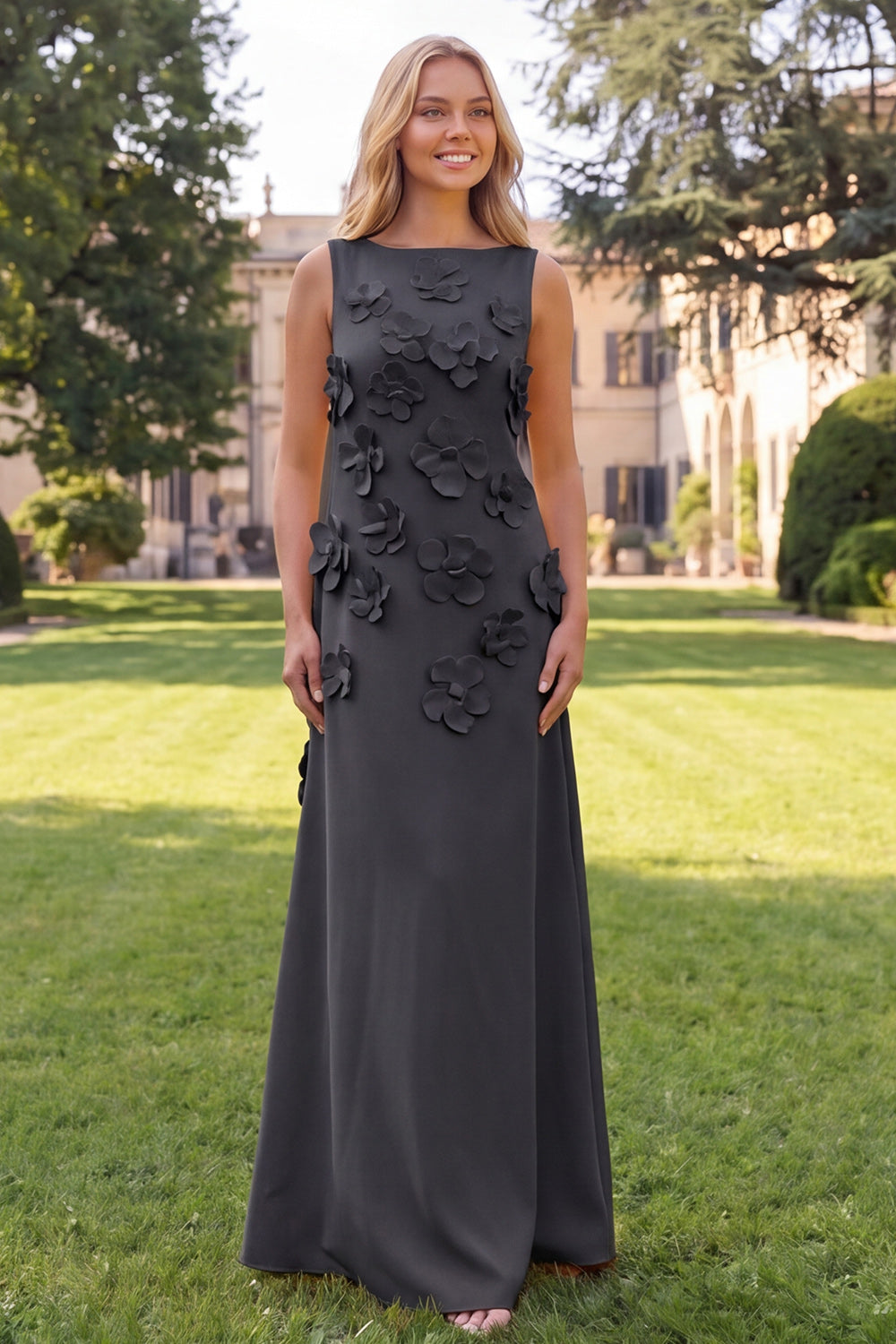 Floral Hot Pink A Line Boat Neck Long Formal Dress
