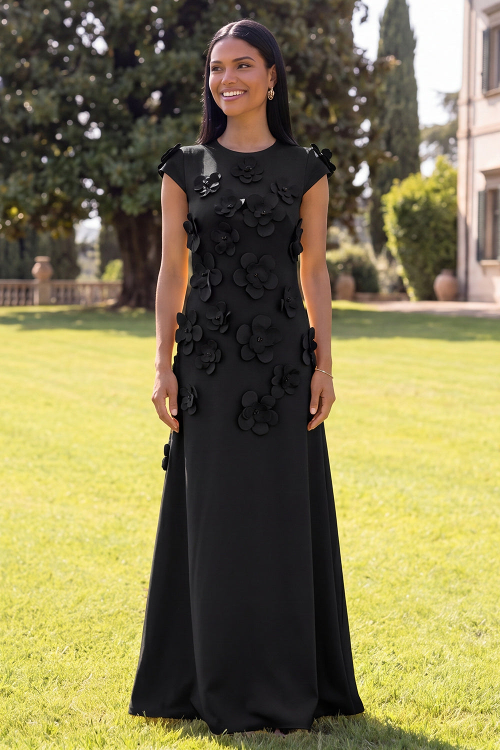 Navy A Line Floral Round Neck Long Formal Dress with Sleeves