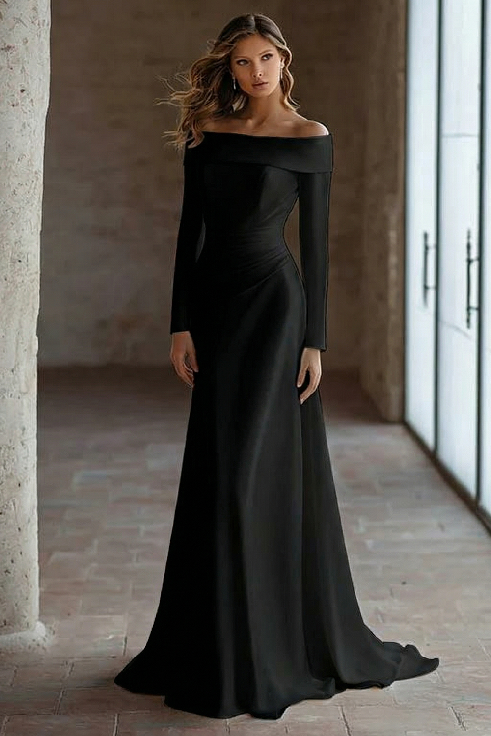 Ivory Satin Off the Shoulder Sweep Train Wedding Reception Dress with Sleeves