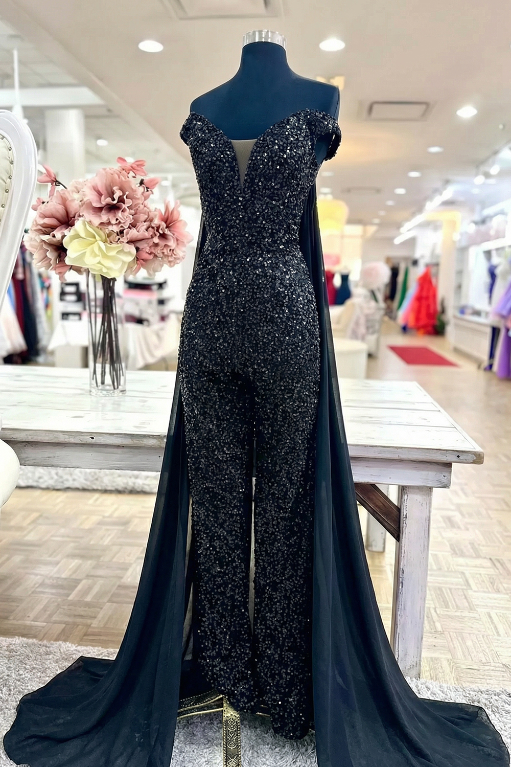 Sparkly Royal Blue Long Sequins Homecoming Jumpsuits with Cape