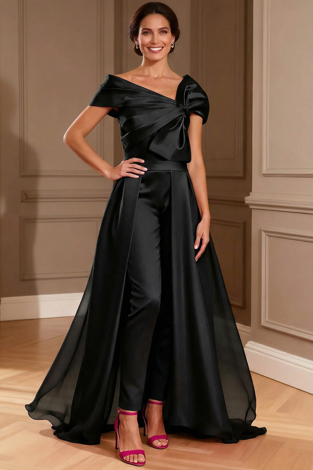 Fuchsia Satin Asymmetrical Neck Mother of the Bride Jumpsuits with Cape