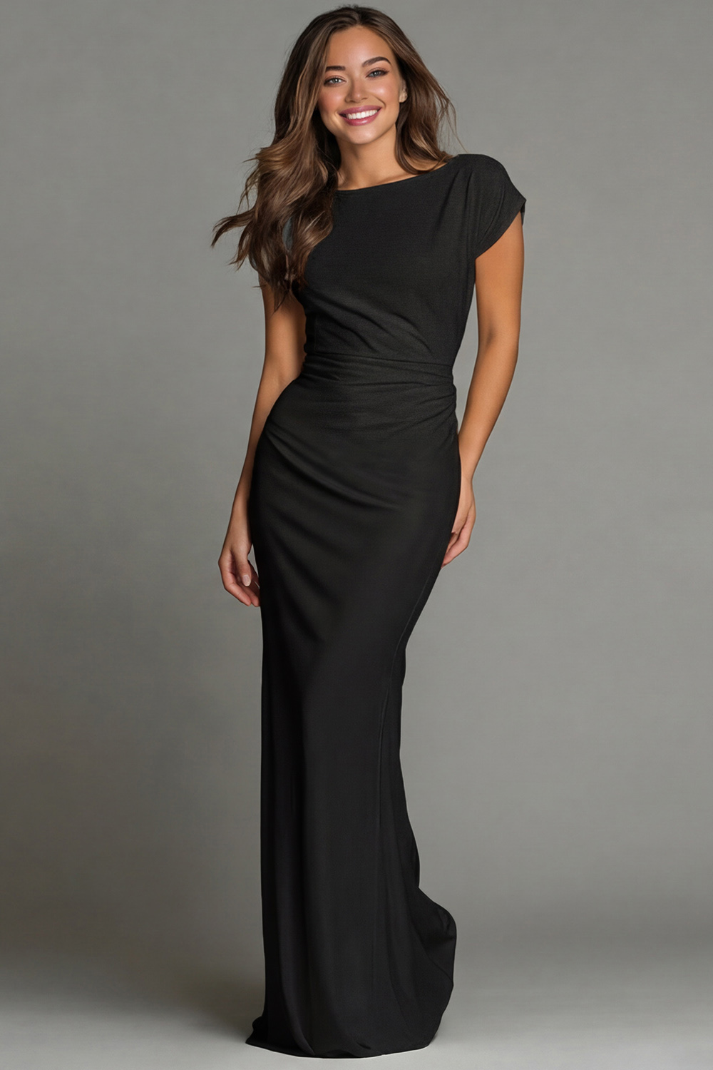 Navy Mermaid Boat Neck Long Formal Dress with Sleeves