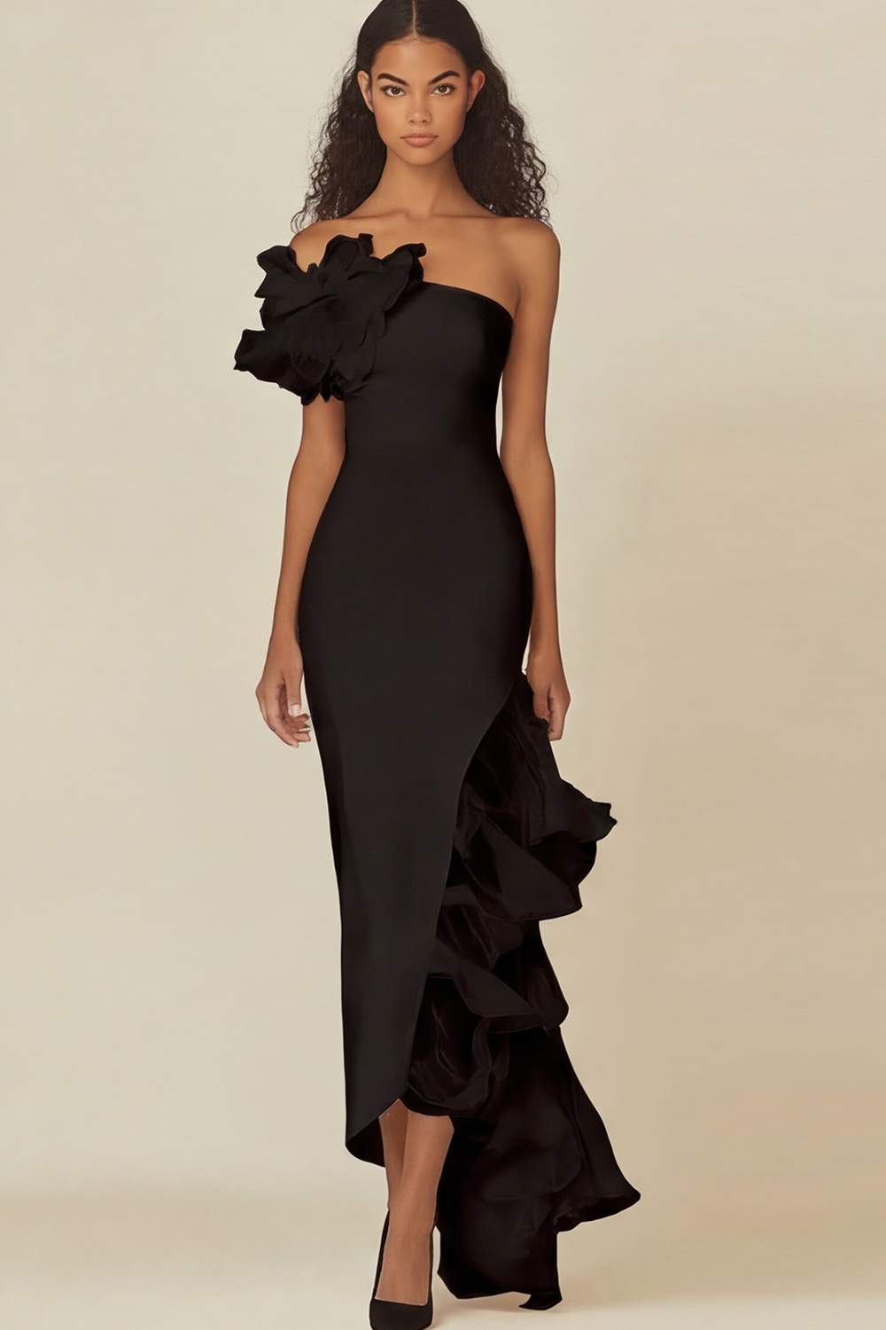 White Sheath Asymmetrical Long Ruffled Rehearsal Dinner Dress