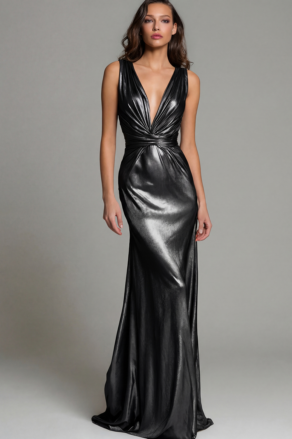 Sparkly Gold Mermaid Metallic Deep V-Neck Ruched Long Formal Dress