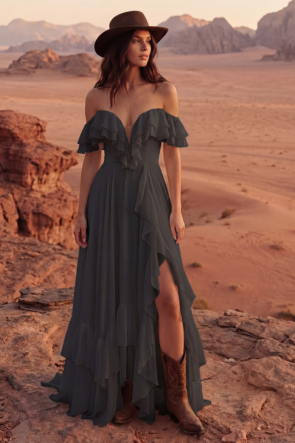 Ivory A Line Off the Shoulder Maxi Beach Engagement Dress with Ruffles