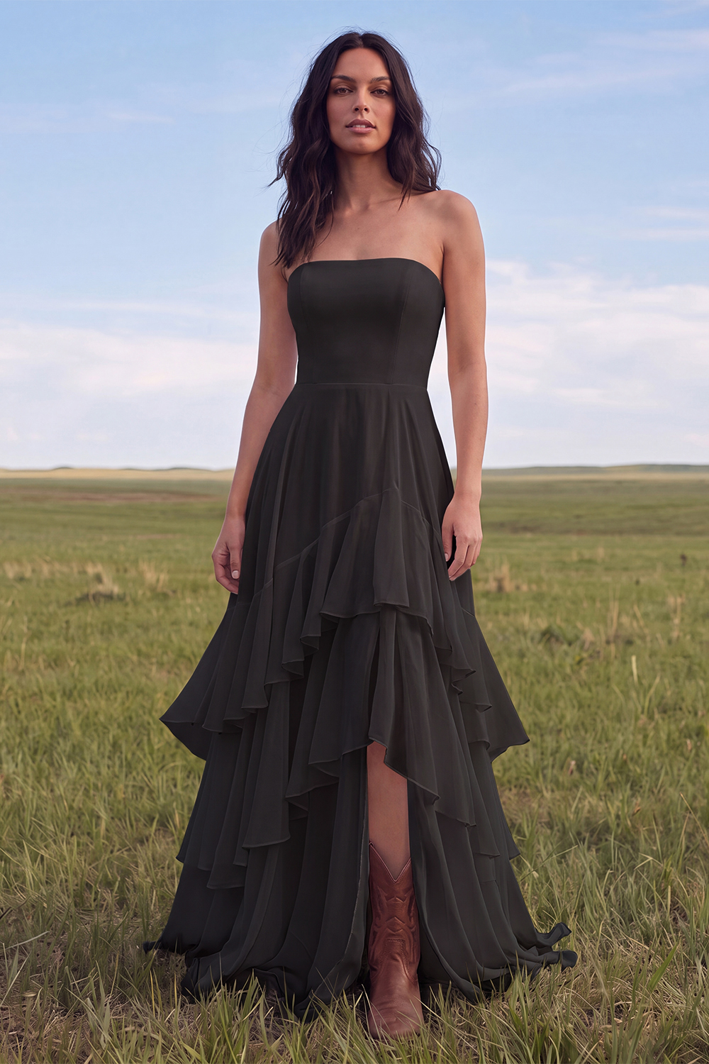 Ivory Strapless A Line Sweep Train Ruffled Beach Engagement Dress with Slit