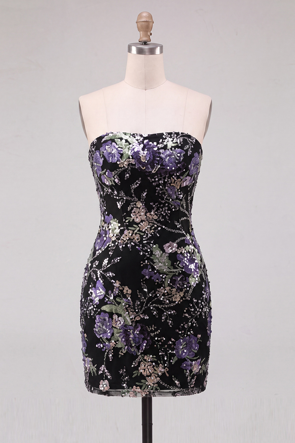 Floral Sparkly Sequin Pink Strapless Tight Short Homecoming Dress