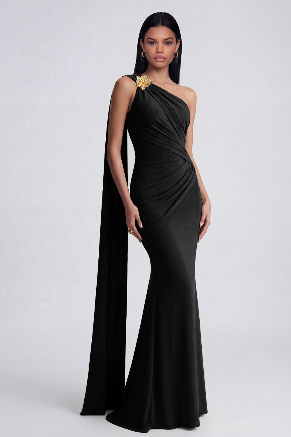 Olive Floral Ruched One Shoulder Long Mermaid Formal Dress with Side Cape