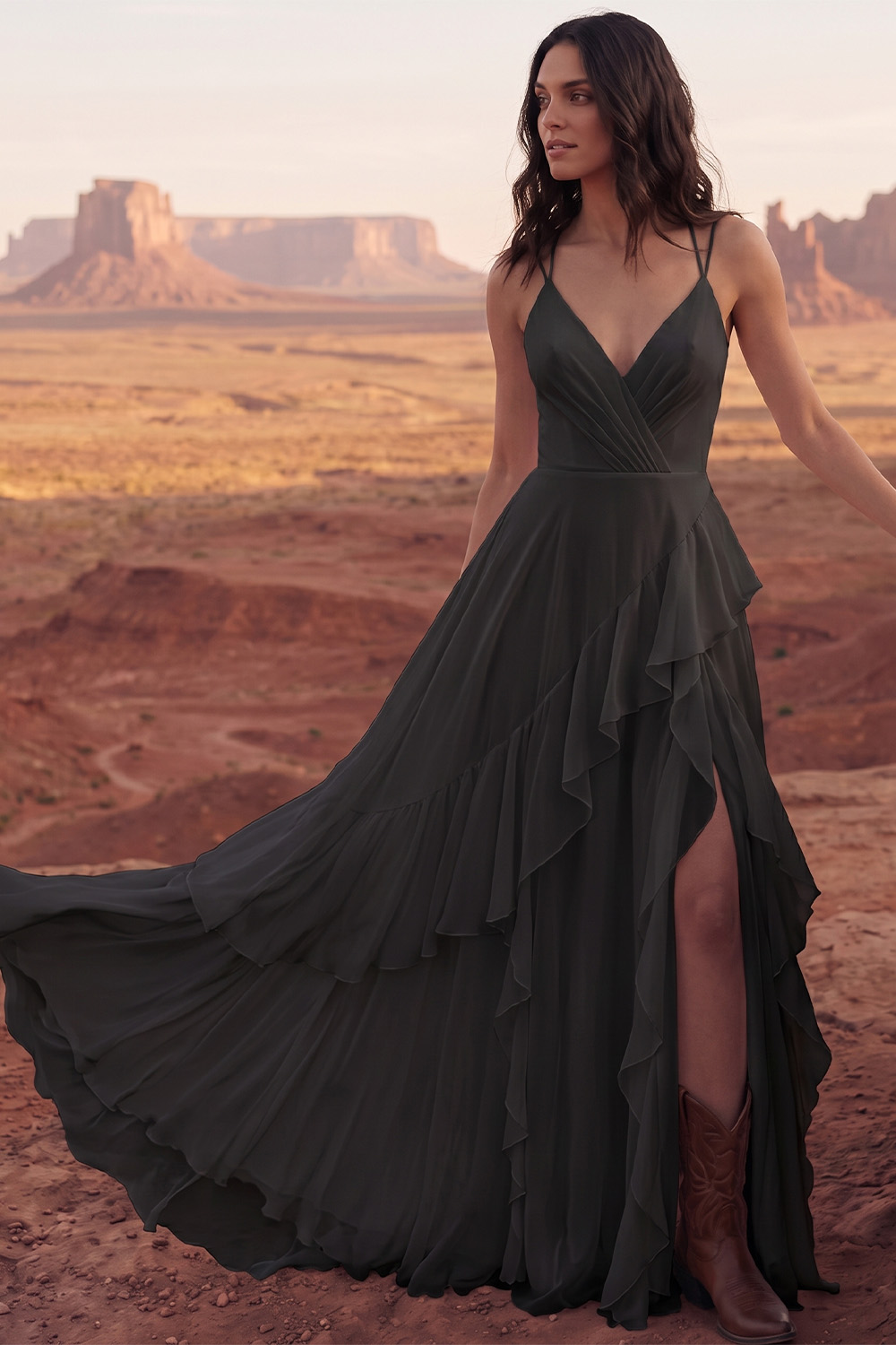 A Line Ivory Sweep Train Ruffled V-Neck Ruched Beach Wedding Reception Dress with Slit