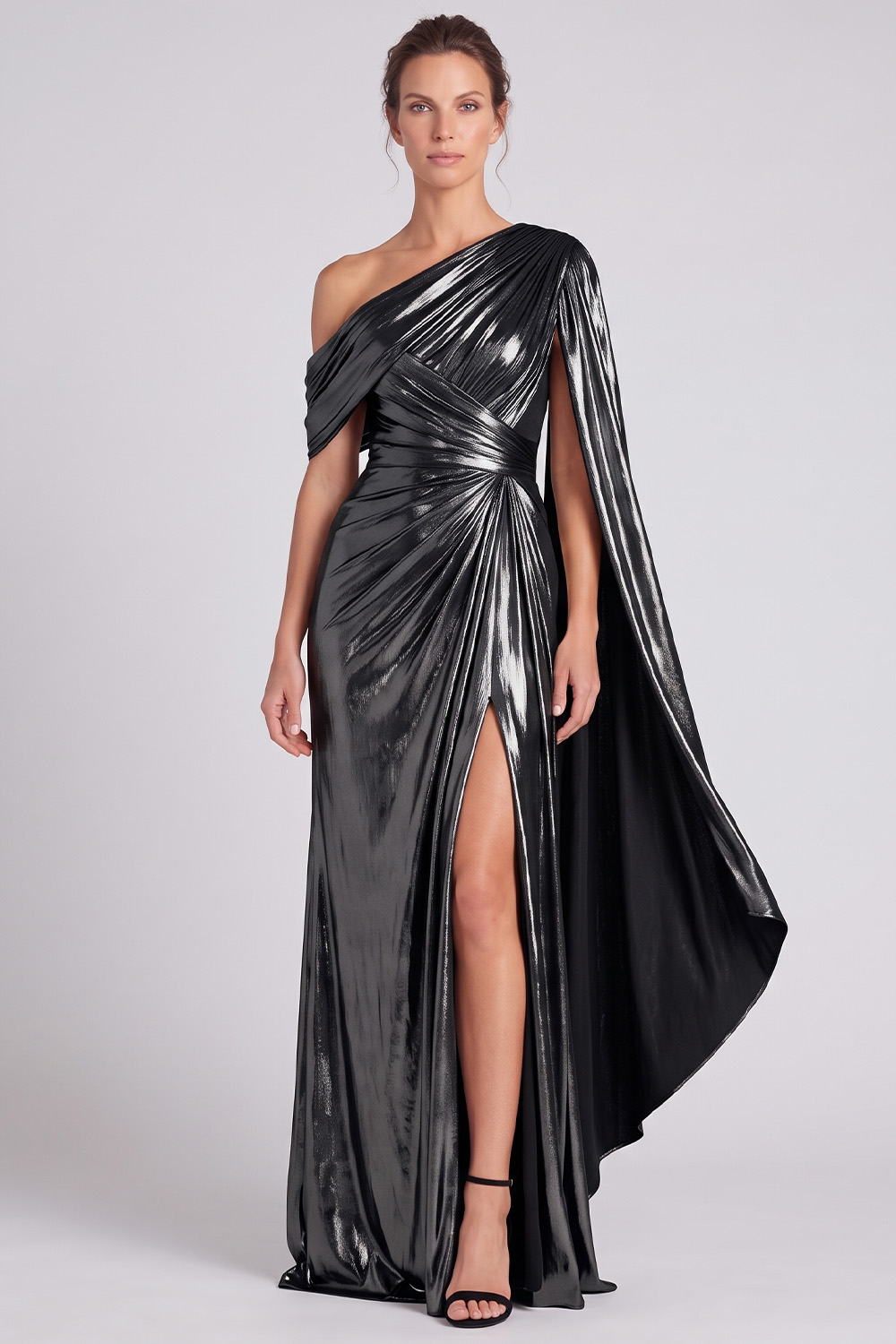 Gold Metallic Sheath Ruched One Shoulder Long Formal Dress with Slit