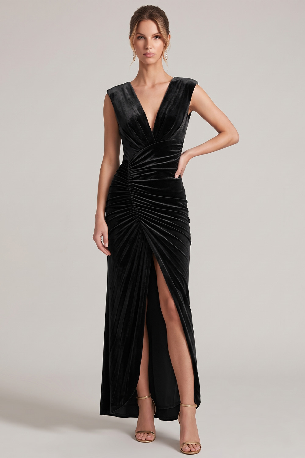 Dark Green Velvet Sheath V-Neck Ruched Maxi Holiday Dress with Slit