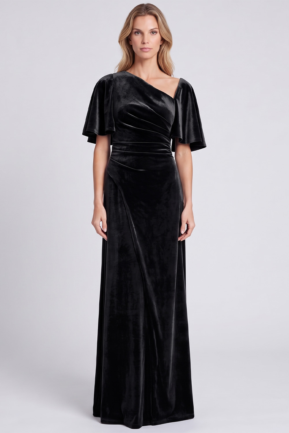 Dark Grey Sheath Asymmetrical Neck Velvet Ruched Long Holiday Party Dress