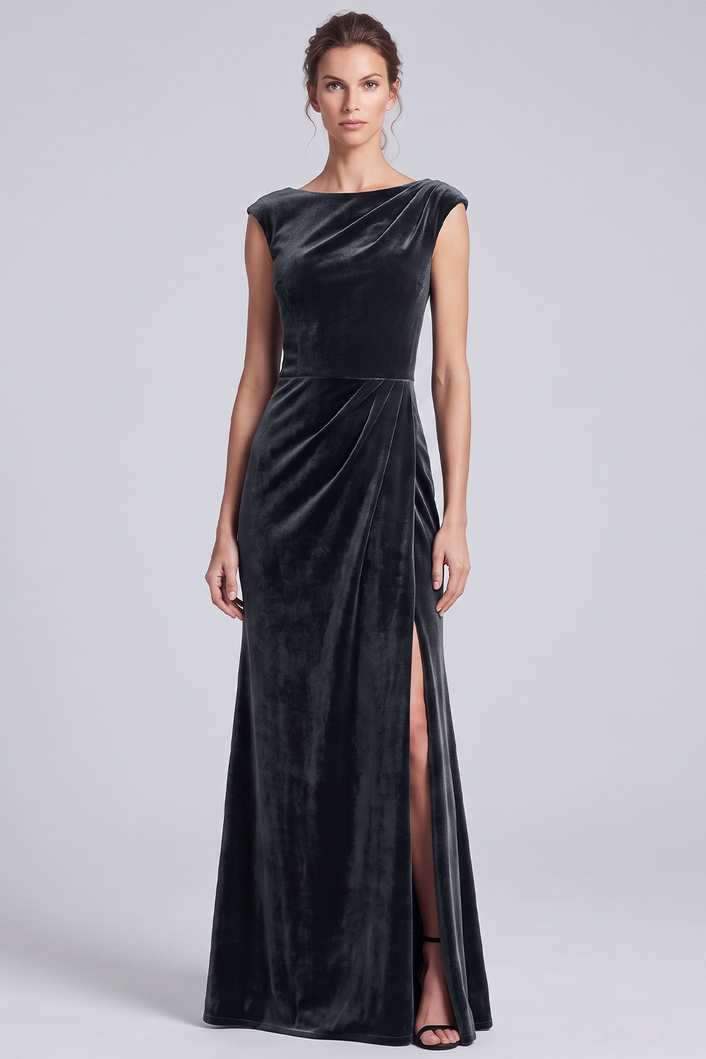 Black and Brown Velvet Sheath Boat Neck Ruched Long Holiday Party Dress with Slit