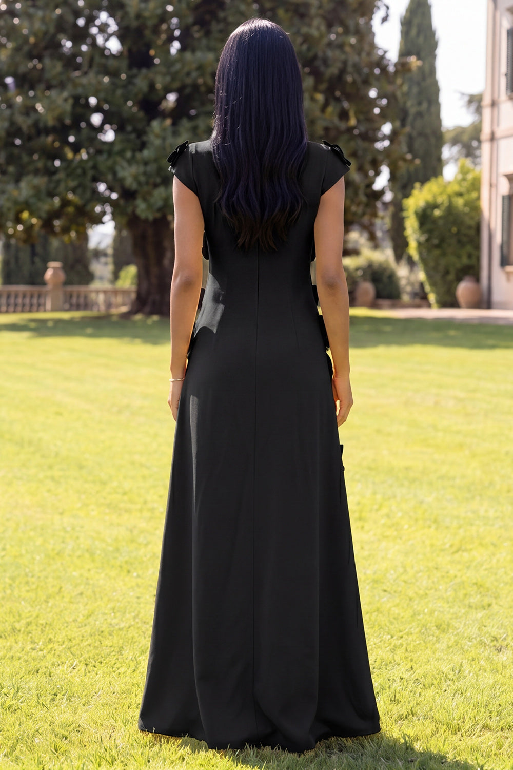 Navy A Line Floral Round Neck Long Formal Dress with Sleeves