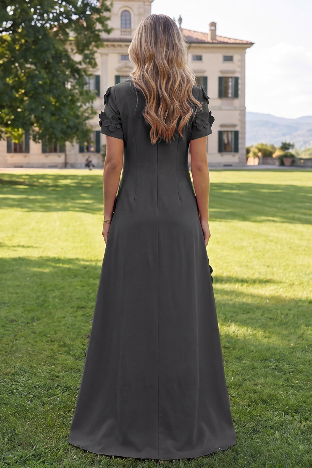 Floral Round Neck Blue A Line Long Formal Dress with Sleeves
