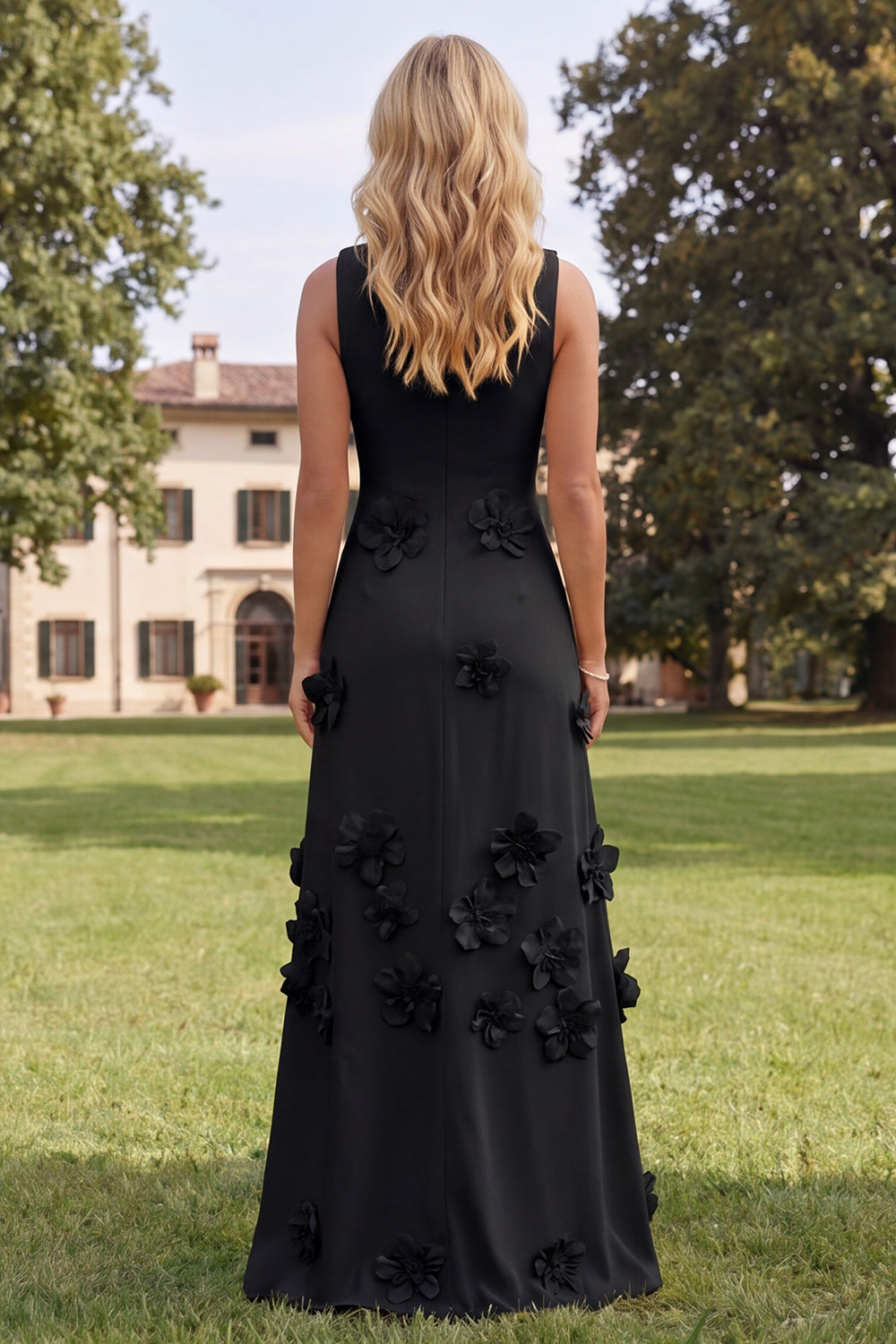 Floral Black Boat Neck A Line Maxi Formal Dress